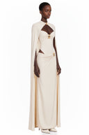 Zinnia White Ruched Maxi Dress & Cape Set with Metal Hardware