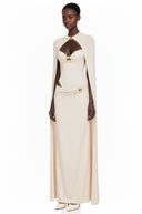 Zinnia White Ruched Maxi Dress & Cape Set with Metal Hardware