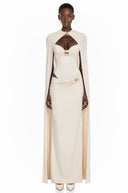Zinnia White Ruched Maxi Dress & Cape Set with Metal Hardware