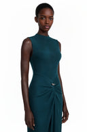 Lilyan Dark Green Asymmetrical Ruched Maxi Dress