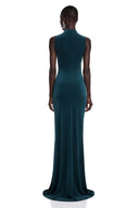 Lilyan Dark Green Asymmetrical Ruched Maxi Dress