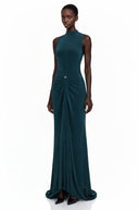 Lilyan Dark Green Asymmetrical Ruched Maxi Dress