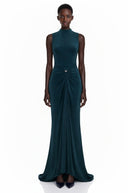 Lilyan Dark Green Asymmetrical Ruched Maxi Dress