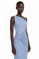Gloria Blue Ruched Maxi Dress with Metal Buckles