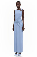 Gloria Blue Ruched Maxi Dress with Metal Buckles