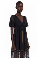 Sirmione Black Ruffled Midi Dress with Lace Trim