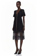 Sirmione Black Ruffled Midi Dress with Lace Trim