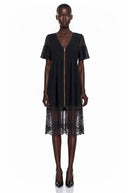Sirmione Black Ruffled Midi Dress with Lace Trim