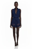 Jeanne Navy Blue V-Neck Lace Mini Dress with Ruffled Trim