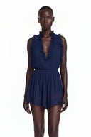 Jeanne Navy Blue V-Neck Lace Mini Dress with Ruffled Trim