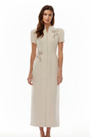 Lorette Neutral Floral Crystal Midi Dress
