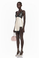 Isaura Khaki V-Neck Lace Satin Mini Dress