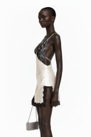 Isaura Khaki V-Neck Lace Satin Mini Dress