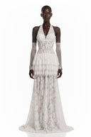 Julieta White Floral Appliqué Tiered Maxi Dress