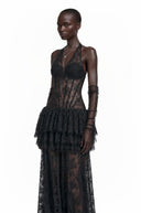 Julieta Black Floral Appliqué Tiered Maxi Dress