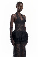 Julieta Black Floral Appliqué Tiered Maxi Dress