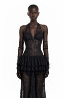 Julieta Black Floral Appliqué Tiered Maxi Dress