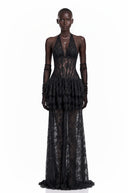 Julieta Black Floral Appliqué Tiered Maxi Dress
