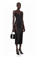 Raven Black Floral Lace Semi-Sheer Midi Dress