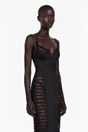 Raven Black Floral Lace Semi-Sheer Midi Dress