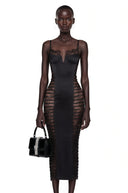 Raven Black Floral Lace Semi-Sheer Midi Dress