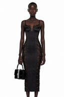 Raven Black Floral Lace Semi-Sheer Midi Dress