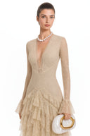Rhiannon Beige Lace Tiered Midi Dress