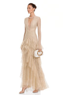 Rhiannon Beige Lace Tiered Midi Dress