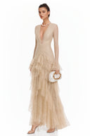 Rhiannon Beige Lace Tiered Midi Dress