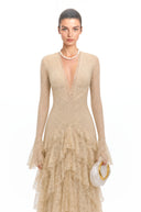 Rhiannon Beige Lace Tiered Midi Dress