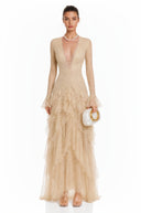 Rhiannon Beige Lace Tiered Midi Dress