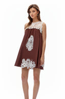 Persephone Chocolate Brown Cut-Out Mini Dress with Lace Panels