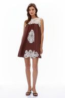 Persephone Chocolate Brown Cut-Out Mini Dress with Lace Panels