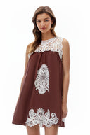 Persephone Chocolate Brown Cut-Out Mini Dress with Lace Panels