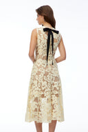 Xena Pale Yellow Round Neck Floral Lace Midi Dress