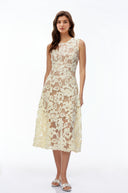 Xena Pale Yellow Round Neck Floral Lace Midi Dress