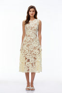 Xena Pale Yellow Round Neck Floral Lace Midi Dress