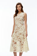 Xena Pale Yellow Round Neck Floral Lace Midi Dress