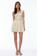 Zephyr Cream Square Neck Lace Pleated Mini Dress