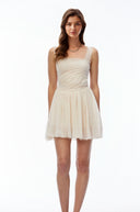 Zephyr Cream Square Neck Lace Pleated Mini Dress