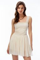 Zephyr Cream Square Neck Lace Pleated Mini Dress