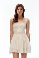 Zephyr Cream Square Neck Lace Pleated Mini Dress