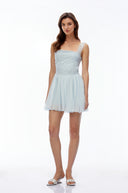Zephyr Blue Square Neck Lace Pleated Mini Dress