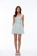 Zephyr Blue Square Neck Lace Pleated Mini Dress