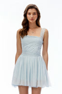 Zephyr Blue Square Neck Lace Pleated Mini Dress