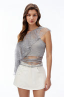 Joan Grey Lace One Shoulder Ruffled Top
