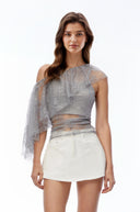 Joan Grey Lace One Shoulder Ruffled Top