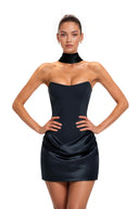 Karine Black Scarf Off Shoulder Ruched Mini Dress