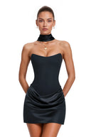 Karine Black Scarf Off Shoulder Ruched Mini Dress