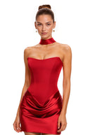 Karine Red Scarf Off Shoulder Ruched Mini Dress